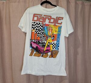 Barbie White Short Sleeve Racing Graphic Tee with Pink Car